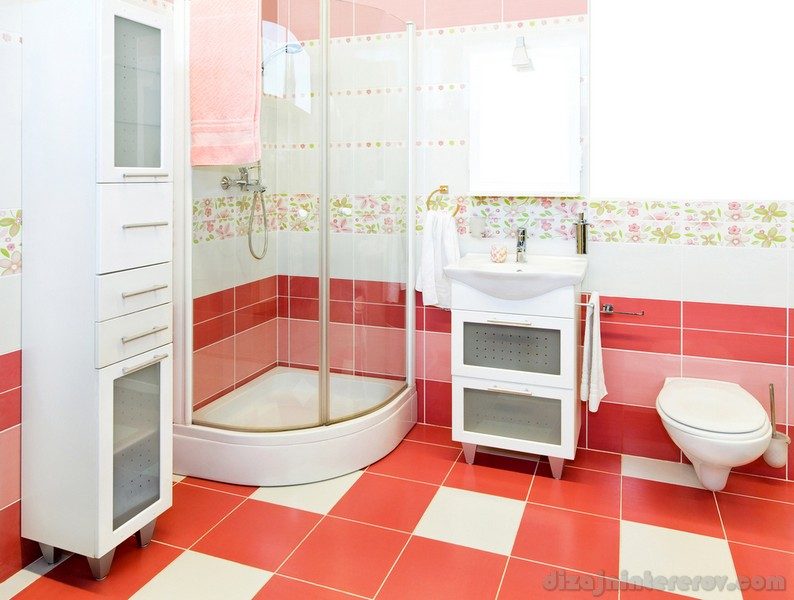 Interior of bathroom for girls in pink color