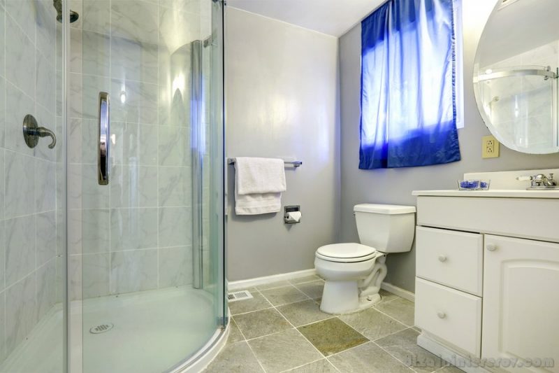 Bathroom interior with glass door shower and white vanity cabinet