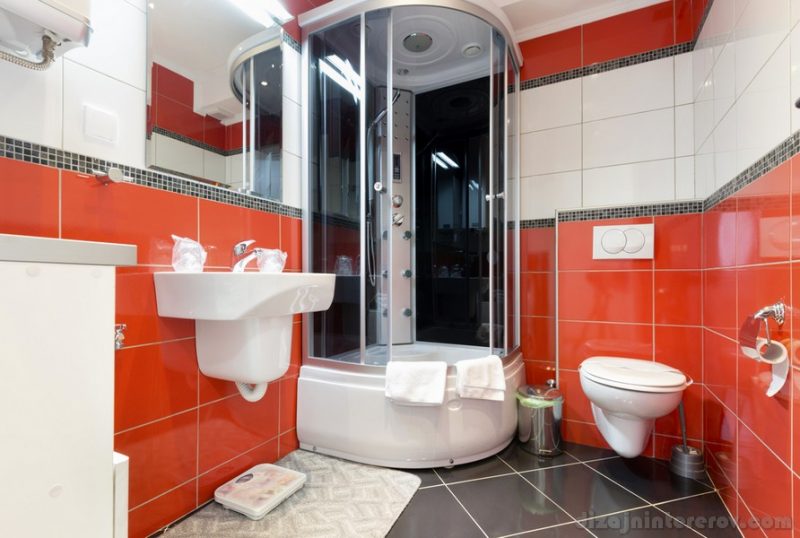 Interior of a modern bathroom with red walls